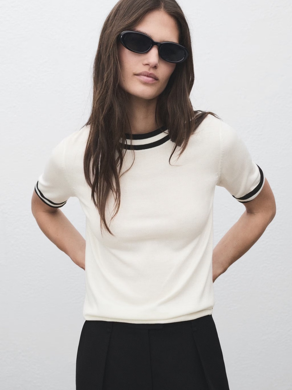 Mango NWT Jersey 210Lucco Striped Short Sleeve Knit Sweater Size M Off White